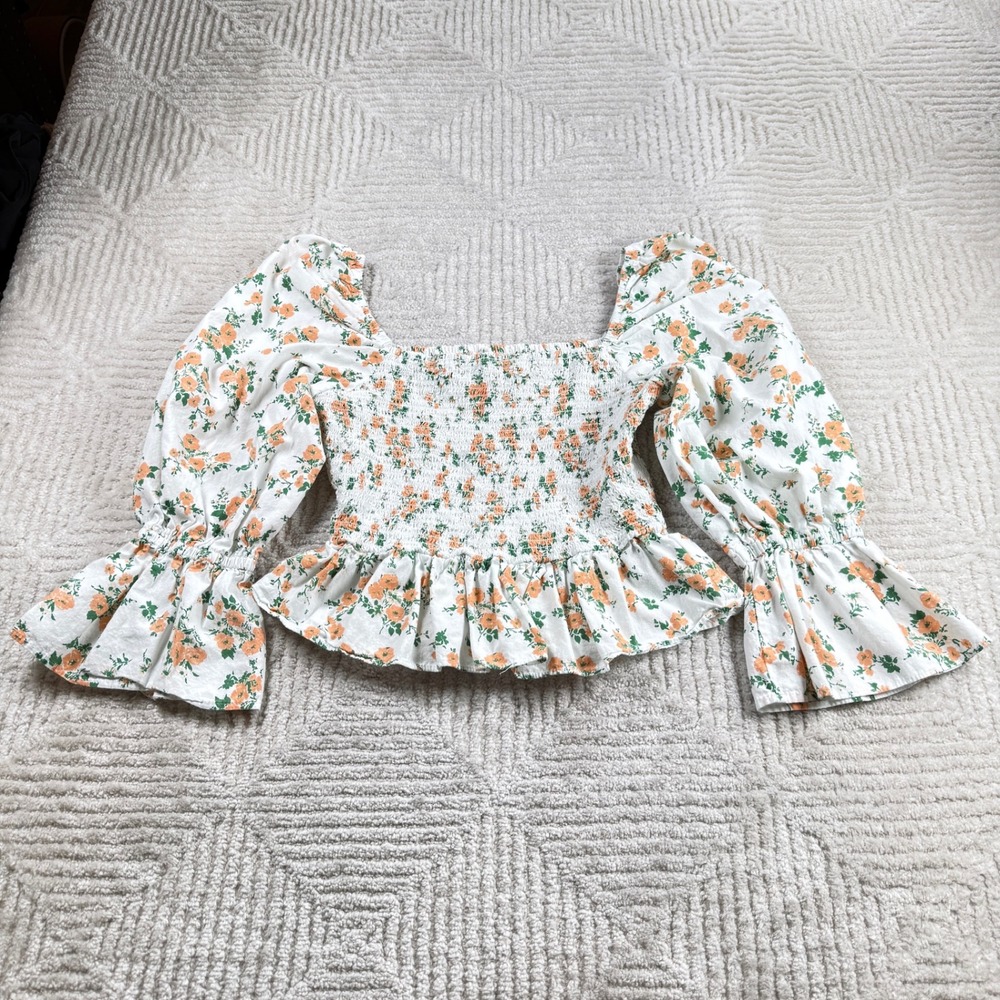 ASOS DESIGN Floral Smocked Peplum Top Women's 8 Puff Sleeve Cottagecore Prairie